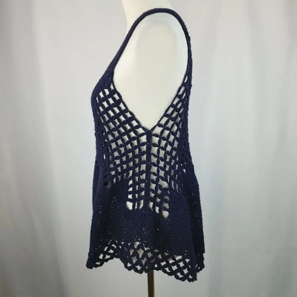 Free People Women's Navy Boho Crochet Knit Cardigan Vest Size XS